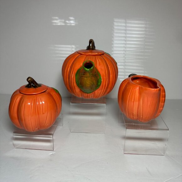 Vintage 90's Pumpkin Tea Pot Creamer Sugar Thanksgiving Decor Made in Taiwan - Picture 4 of 12